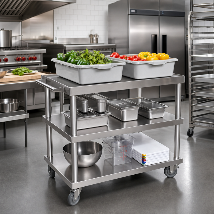 Product image #2 for Open 3-Shelf Utility Bus Cart, 430 Stainless Steel, 300 lb. Capacity
