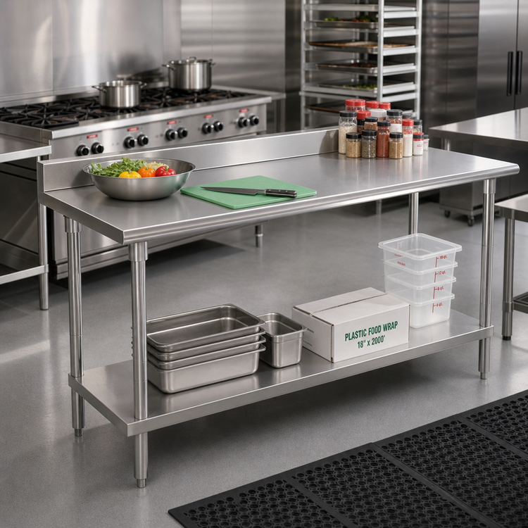 Product image #2 for Advance Tabco KAG-2410 120-Inch x 24-Inch 430 Stainless Steel Work Table with 5-Inch Backsplash and Adjustable Undershelf