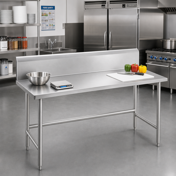 Product image #2 for Advance Tabco Spec-Line 84-Inch x 36-Inch 14-Gauge 304 Stainless Steel Work Table with 10-Inch Backsplash and Open Base