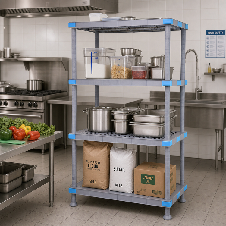 Product image #2 for Quantum Millenia 54"W x 24"D x 74"H Polymer Shelving Unit, 2000 lb. Capacity, with 3 Open Shelves and 1 Solid Grid Shelf