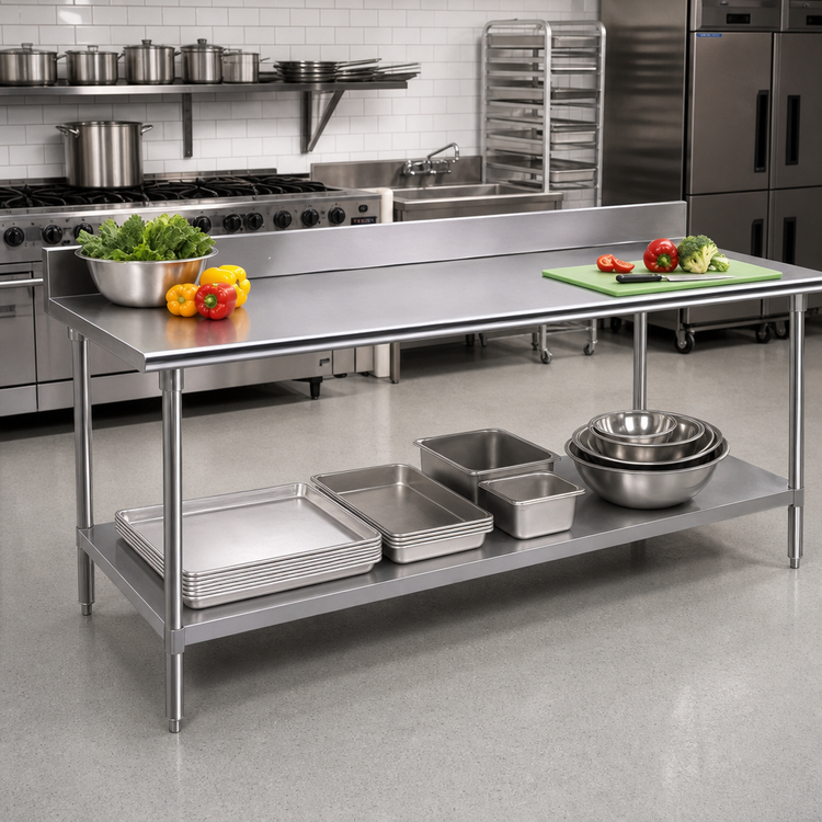 Product image #2 for Advance Tabco 108" x 30" Stainless Steel Work Table with 5" Backsplash and Adjustable Undershelf