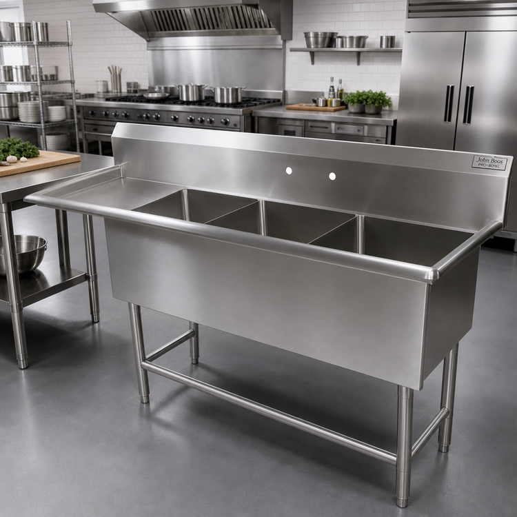 Product image #2 for John Boos Pro-Bowl 3-Compartment Sink with Left Drainboard, 24 x 24 x 12 Bowls, 16-Gauge Stainless Steel