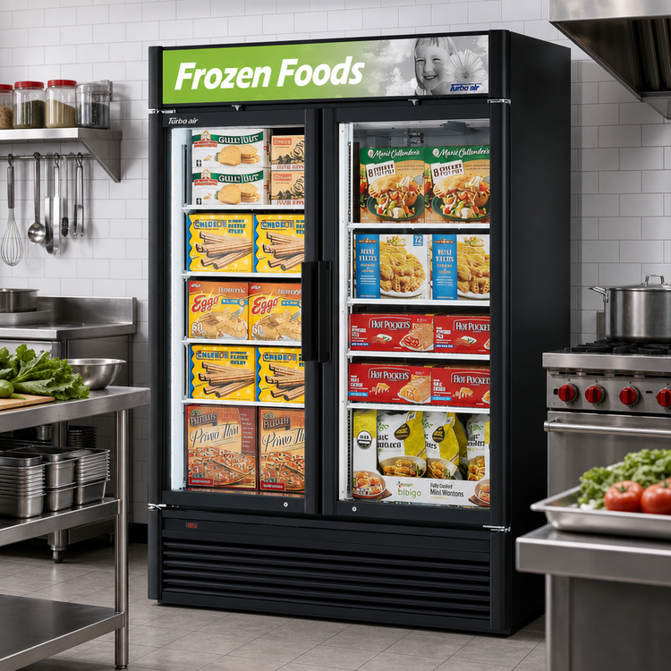 Product image #3 for Turbo Air Super Deluxe Two-Section Glass Door Merchandiser Freezer, 39 Cu. Ft., Self-Contained, Bottom-Mount Compressor