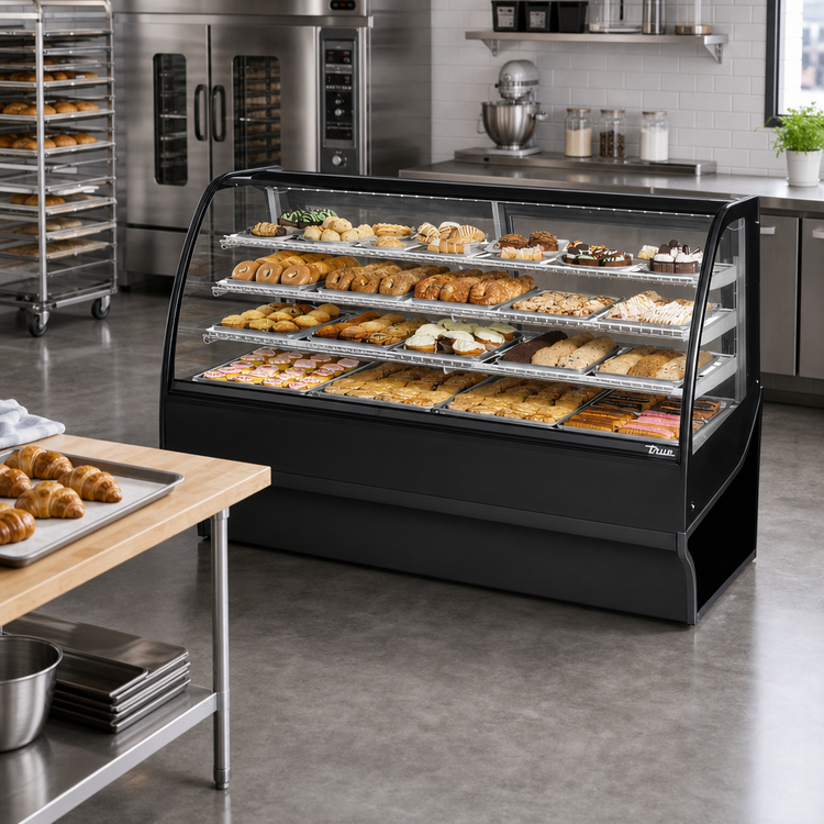 Product image #3 for True 77-1/4 Inch Curved Glass, Glass-End Dry Pastry Display Merchandiser, Stainless Steel Floor Model