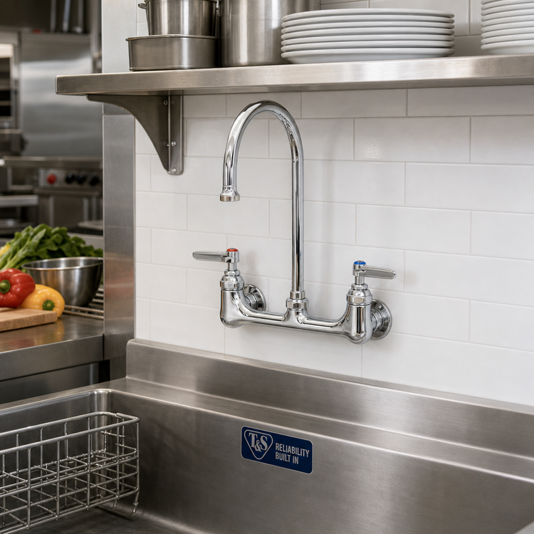 Product image #2 for T&S Brass B-0331-CR Low-Lead Wall Mount Mixing Faucet with 8-Inch Adjustable Centers and 6-Inch Swivel Gooseneck