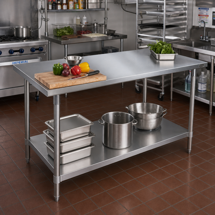 Product image #2 for John Boos 60 Inch x 48 Inch 16-Gauge Type 300 Stainless Steel Flat Top Work Table with Adjustable Undershelf