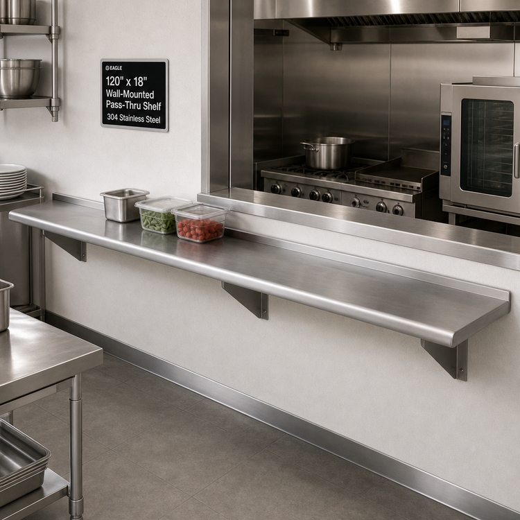 Product image #2 for Eagle Group 120" x 18" Wall-Mounted Pass-Thru Shelf, 304 Stainless Steel
