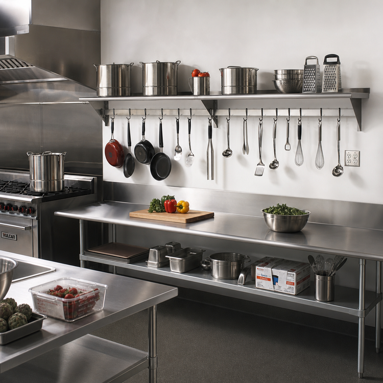 Product image #2 for Advance Tabco PS-15-144 Wall-Mounted Stainless Steel Shelf with Pot Rack, 144" W x 15" D
