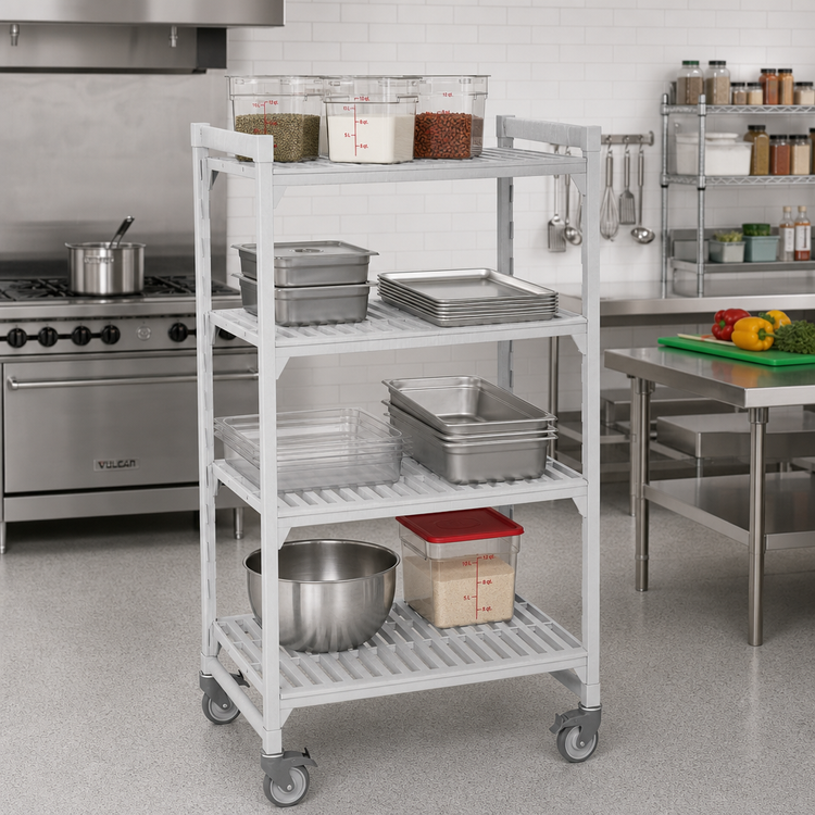Product image #3 for Cambro Camshelving Premium 21 x 48 x 67-1/4 Inch 4-Shelf Vented High Density Mobile Starter Unit, Speckled Gray