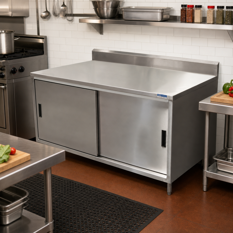 Product image #2 for BK Resources 60 Inch x 30 Inch Stainless Steel Chef Table with Cabinet Base, Sliding Doors, and 5 Inch Backsplash