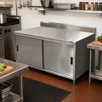 Thumbnail image #2 for BK Resources CSTR5-3060S 60 x 30 Inch Stainless Steel Enclosed Chef Table with Sliding Doors, 14 Gauge Top, 5 Inch Backsplash