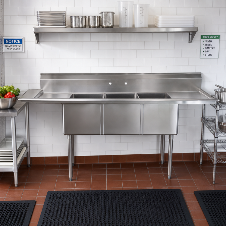 Product image #2 for Omcan USA 90-Inch 3-Compartment Pot Sink with Left and Right Drainboards, 18-Gauge 304 Stainless Steel