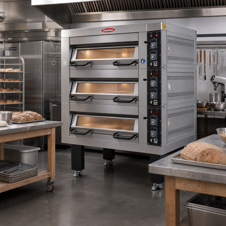 Product image #2 for BakeMax Electric Triple Deck Artisan Stone Deck Oven with Steam Injection, 9 Full-Size Pan Capacity, 220V, 3-Phase