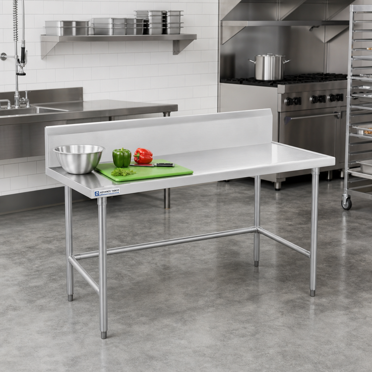 Product image #2 for Advance Tabco 72" x 24" 14-Gauge 304 Stainless Steel Work Table with 10" Backsplash and Galvanized Open Base