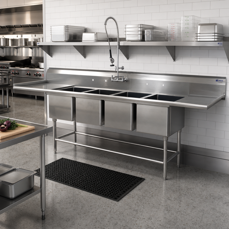Product image #2 for Eagle Spec-Master FN Series Four-Compartment Stainless Steel Sink with Dual 30-Inch Drainboards, 132W x 27D