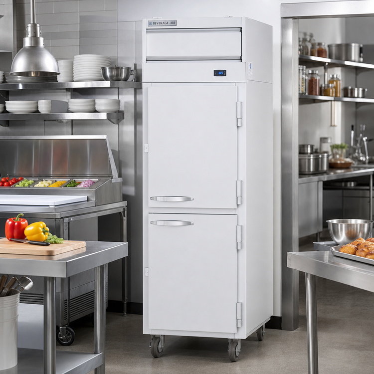 Product image #2 for Beverage-Air P-Series Standard-Depth One-Section Pass-Thru Reach-In Refrigerator, Top-Mount Self-Contained, Half Solid Doors, 22.9 Cu. Ft.