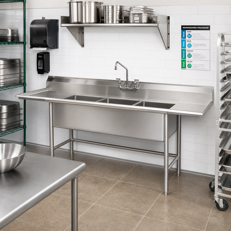 Product image #2 for Eagle Group S14 Series 2-Compartment Stainless Steel Sink with Left and Right Drainboards, 81 x 27 Inches