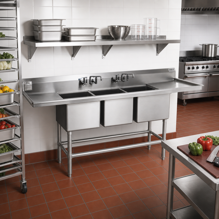 Product image #2 for Eagle Spec-Master FN Series Coved Corner Three-Compartment Sink with Right-Hand 24-Inch Drainboard, 79-1/2-Inch Wide