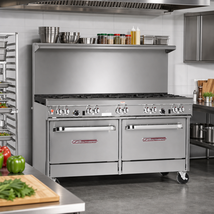 Product image #2 for Southbend Ultimate 60-Inch Gas Restaurant Range with 8 Open Burners, 2 Cabinets, and Backriser Hi-Shelf