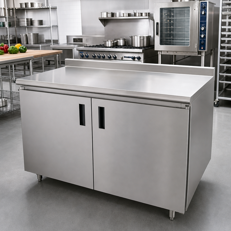 Product image #2 for Advance Tabco 120-Inch x 36-Inch Enclosed Work Table with Cabinet Base, Hinged Doors, 14-Gauge 304 Stainless Steel Top, 1-1/2-Inch Rear Up-Turn