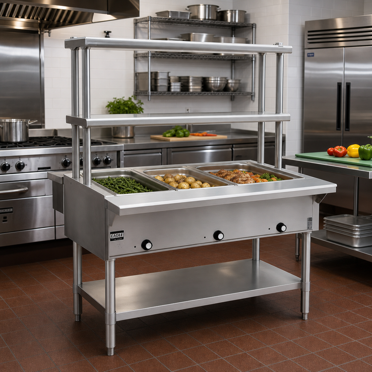 Product image #2 for Eagle Group 63-1/2-Inch Natural Gas Open-Base Hot Food Table with 4 Dry Wells and Double-Tier Flex-Master Overshelves