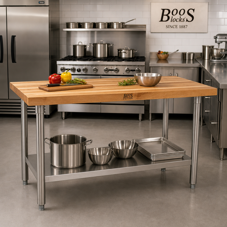 Product image #2 for John Boos 84-Inch x 30-Inch Wood Top Work Table with 1-3/4-Inch Edge Grain Maple Top, Stainless Steel Base and Adjustable Undershelf