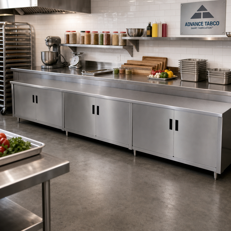 Product image #2 for Advance Tabco Flat-Top Enclosed Work Table with Cabinet Base and Hinged Doors, 144"W x 30"D, 14-Gauge 304 Stainless Steel Top