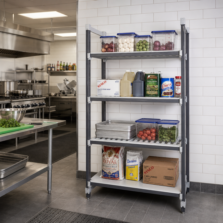 Product image #2 for Cambro Camshelving Elements XTRA 4-Tier Stationary Starter Polymer Shelving Unit, 24 x 48 x 84 Inches, Speckled Gray