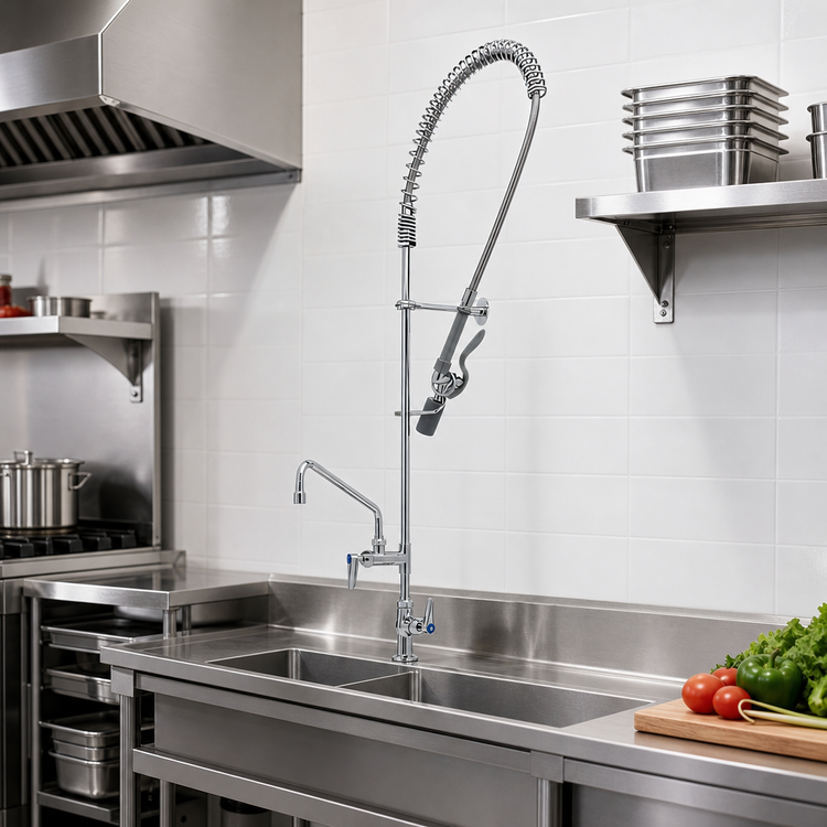 Product image #2 for EasyInstall Deck-Mount Single-Hole Pre-Rinse Add-On Faucet with 12-Inch Swing Nozzle, Spring-Action Gooseneck and Low-Flow Spray Valve