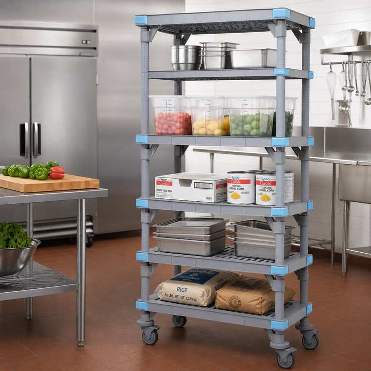 Product image #2 for Millenia Mobile Polymer Shelving Starter Unit with 5 Open Grid Shelves, 72W x 18D x 86H, Gray