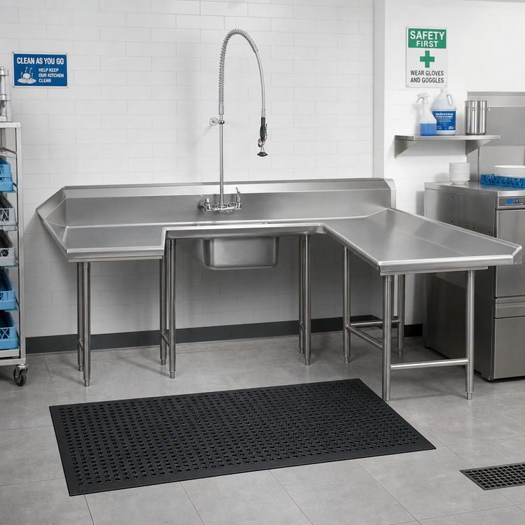 Product image #2 for Advance Tabco U-Shaped Right-To-Left Soiled Dishtable with Pre-Rinse Sink, 108 x 84 Inches