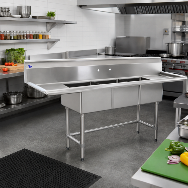 Product image #2 for BlendPort BPFC Series 3-Compartment Stainless Steel Sink with 24-Inch Left Drainboard, 18 x 24-Inch Bowls