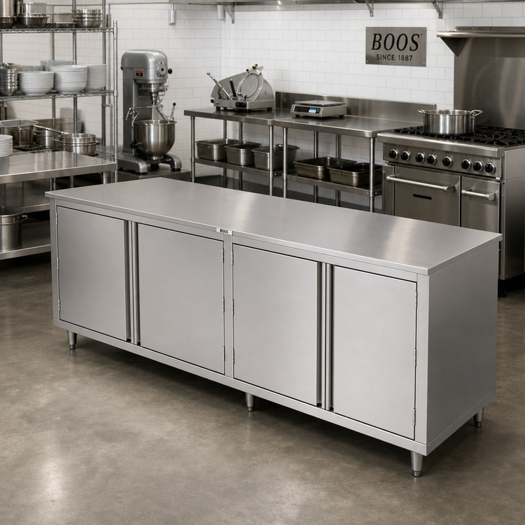 Product image #2 for John Boos Enclosed Stainless Steel Work Table with Cabinet Base and Hinged Doors, 120 x 24 Inches