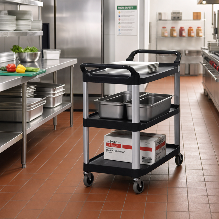 Product image #2 for Rubbermaid Commercial Products Xtra Open-Sided 3-Shelf Utility Bus Cart with 4-Inch Swivel Casters, Black