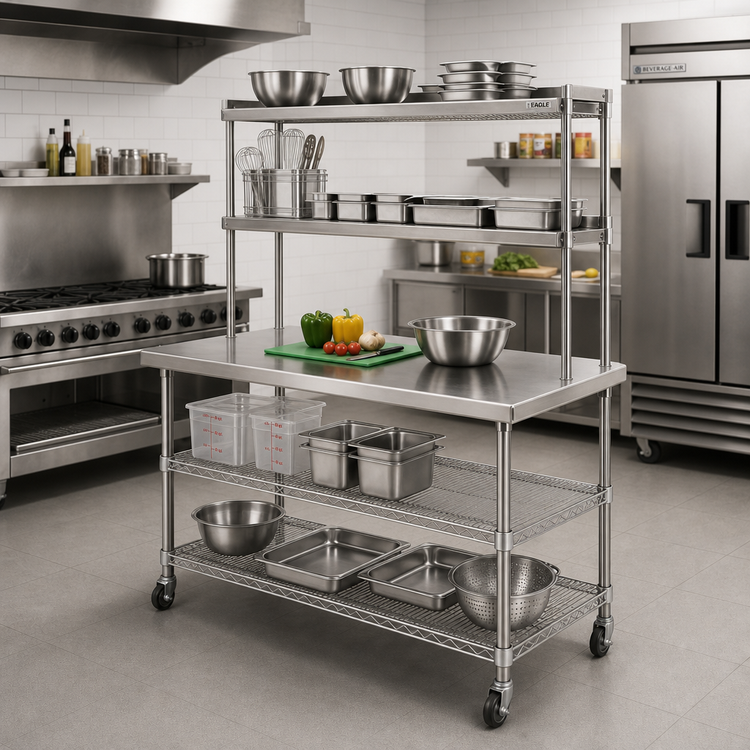Product image #2 for Eagle AdjusTable Two-Tier Heavy-Duty Stainless Steel Work Table with Double Overshelf, 48 x 30 Inch