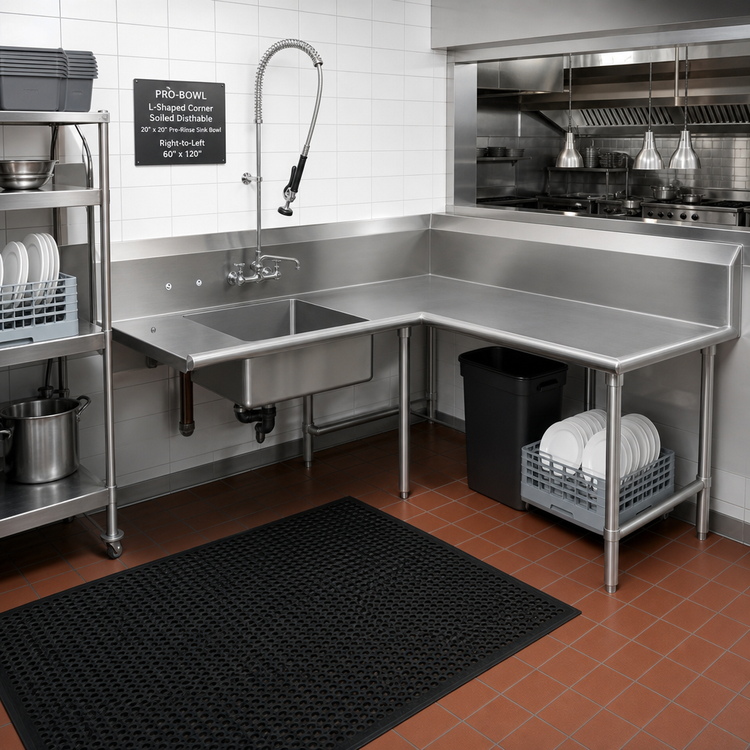 Product image #2 for Pro-Bowl L-Shaped Corner Soiled Dishtable with 20" x 20" Pre-Rinse Sink Bowl, Right-to-Left, 60" x 120"
