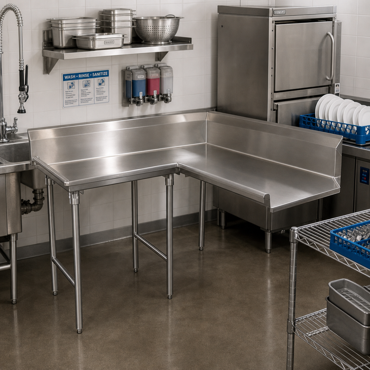 Product image #2 for Advance Tabco Korner Clean L-Shaped Left-Mount Dish Table, 95-Inch, 14 Gauge 304 Stainless Steel