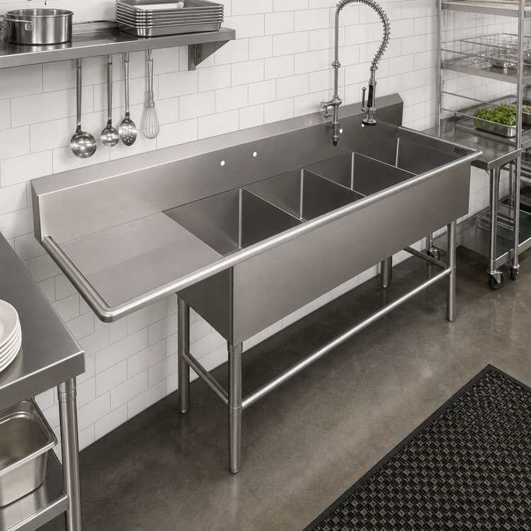 Product image #2 for John Boos Pro-Bowl 4-Compartment Sink with Left Drainboard, 30" x 24" Bowls, 14" Deep, 16-Gauge Stainless Steel