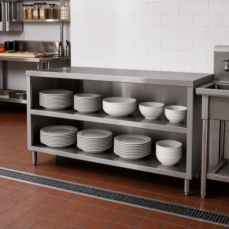 Product image #2 for John Boos Heavy-Duty Open-Front Dish Storage Cabinet with Mid Shelf, 60 x 15 x 35 Inches, Stainless Steel