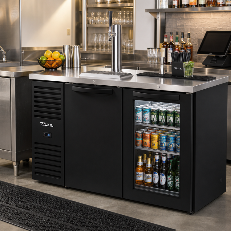 Product image #2 for 52-Inch Wide Two-Section Refrigerated Draft Bar Cooler with Stainless Steel Countertop, Black Exterior, and 1 Beer Column
