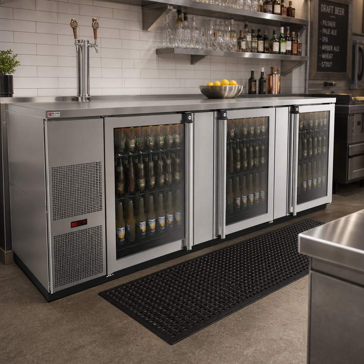 Product image #2 for Pro-Line E-Series Three-Section Stainless Steel Refrigerated Back Bar Cabinet with Glass Doors, 95-1/2 Inch