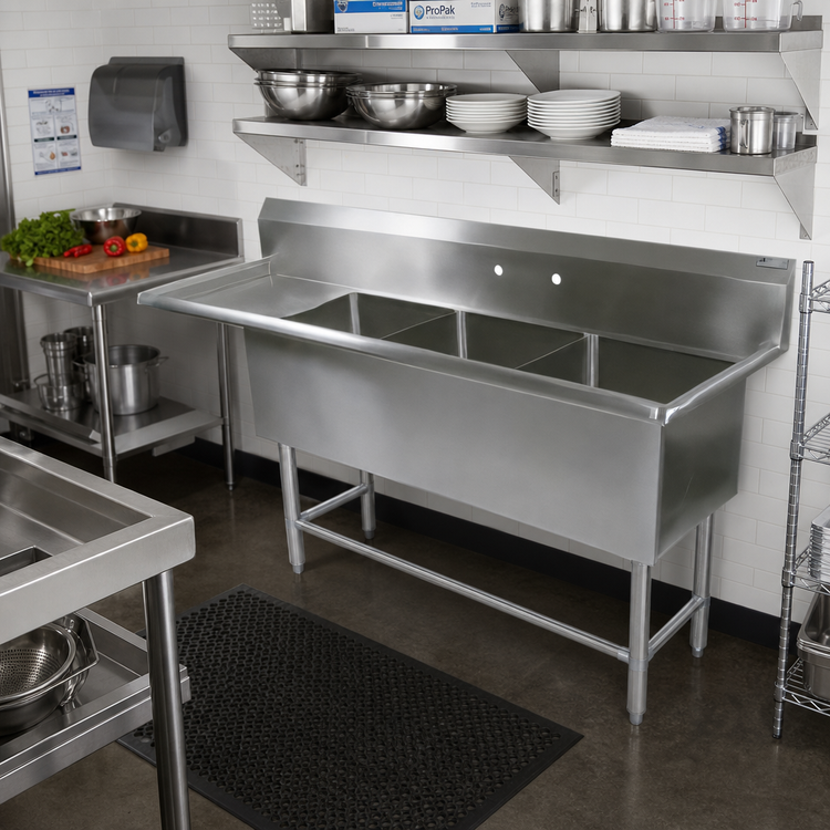 Product image #2 for John Boos Pro-Bowl 3-Compartment Sink with 18-Inch Left Drainboard, 16-Gauge Stainless Steel, 70-3/16 x 25-1/2 x 44-1/16 Inches