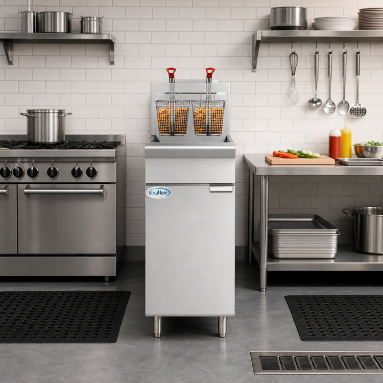 Product image #2 for KoolMore 40 lb Floor Standing Liquid Propane Commercial Deep Fryer, 90,000 BTU, 2 Baskets