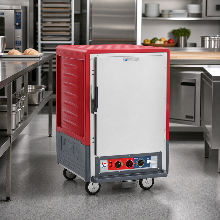 Product image #2 for Metro C5 3 Series Insulation Armour Half-Height Heated Holding and Proofing Cabinet, Red, Low Wattage, Solid Door, Lip Load Slides, Mobile