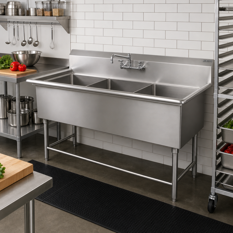 Product image #2 for John Boos Pro-Bowl 3-Compartment Stainless Steel Floor Model Sink, 53-1/8 Inches W x 25-1/2 Inches D, 12-Inch Deep Bowls