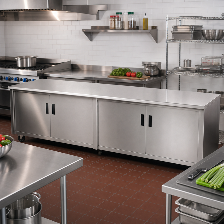 Product image #2 for Advance Tabco Heavy-Duty Flat-Top Stainless Steel Enclosed Work Table with Cabinet Base, Mid-Shelf and Hinged Doors, 108 x 30 Inches