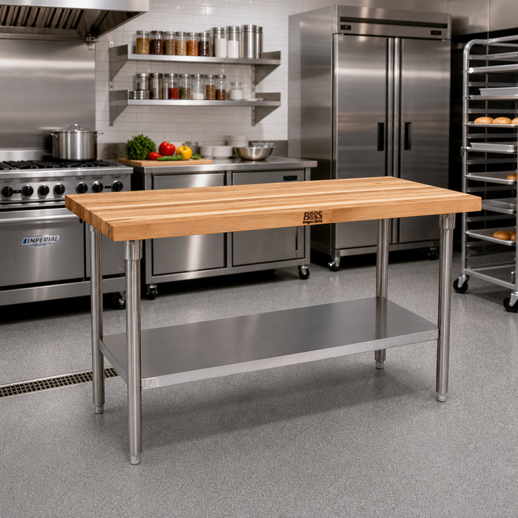 Product image #2 for John Boos 72 Inch x 24 Inch Northern Hard Rock Maple Wood Top Work Table with Stainless Steel Legs and Adjustable Undershelf