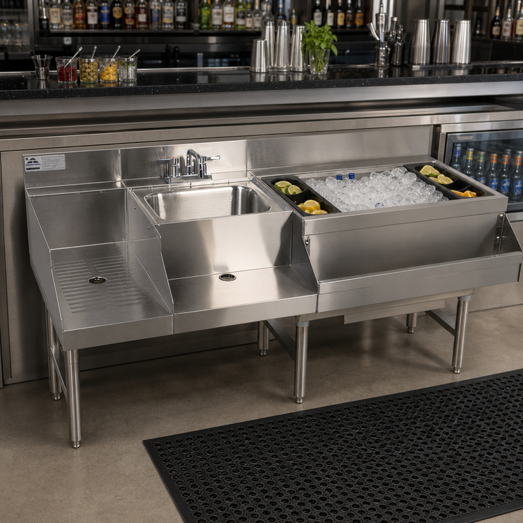 Product image #2 for Advance Tabco Underbar Basics Uni-Serv 60-Inch Stainless Steel Speed Bar with Right Ice Bin, Dump Sink, and 7-Circuit Cold Plate