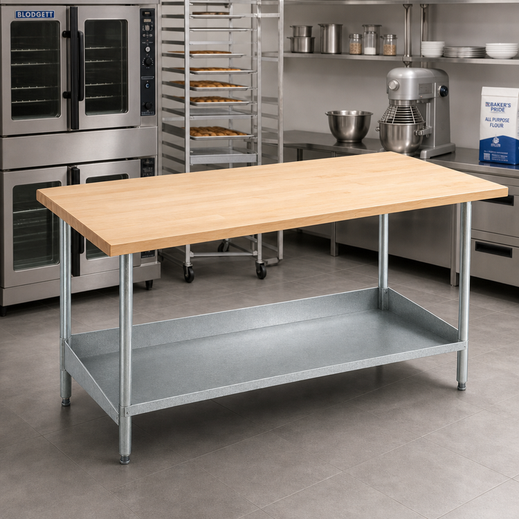 Product image #2 for Advance Tabco 84-Inch x 24-Inch Maple Top Bakers Table with Galvanized Base and Adjustable Undershelf
