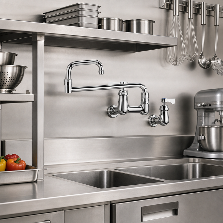 Product image #2 for Krowne Royal Series Low-Lead Backsplash-Mounted Commercial Faucet with 18-Inch Jointed Double Spout, 8-Inch Centers